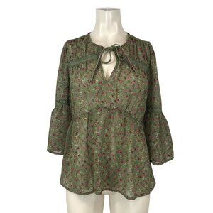 LUCKY BRAND - WOMEN SMALL -GREEN SHEER FLORAL 3/4 RUFFLE SLEEVE TIES AT NECK TOP
